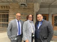 Photo of Indrajeet Viswanathan, Diana Mejia and Jayson Mattei in front of Bard Hall